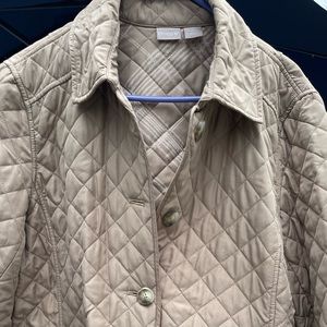 Chico’s Quilted mid length Jacket.  Tan color.   Size 3